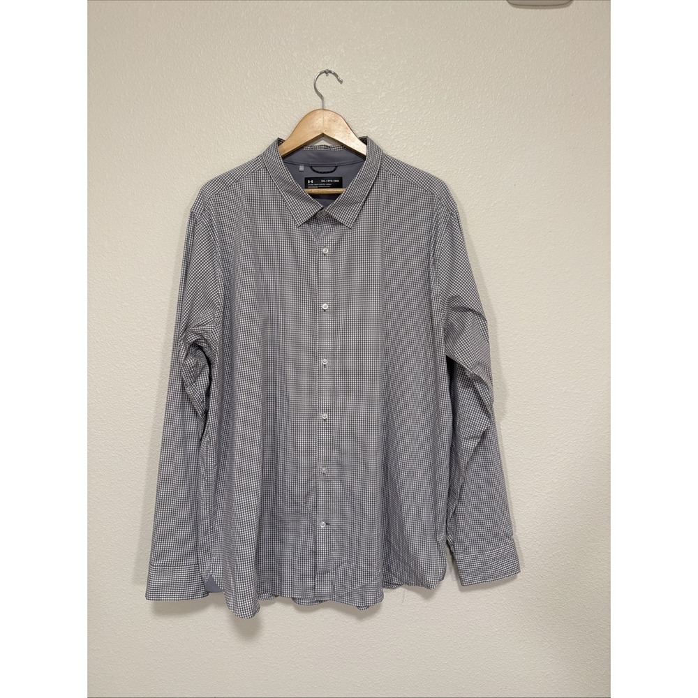 Men's Under Armour Long Sleeve Button Down Shirt 3XL Fitted Gingham Plaid Grey